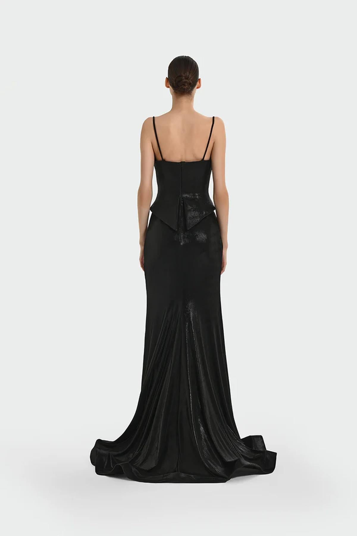 İnce Askılı Drape Detaylı Abiye Elbise