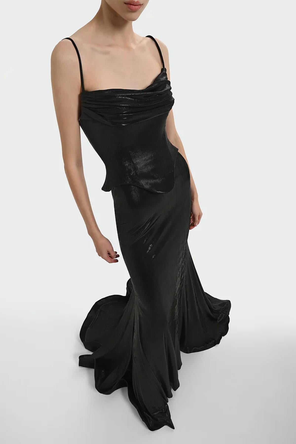 İnce Askılı Drape Detaylı Abiye Elbise