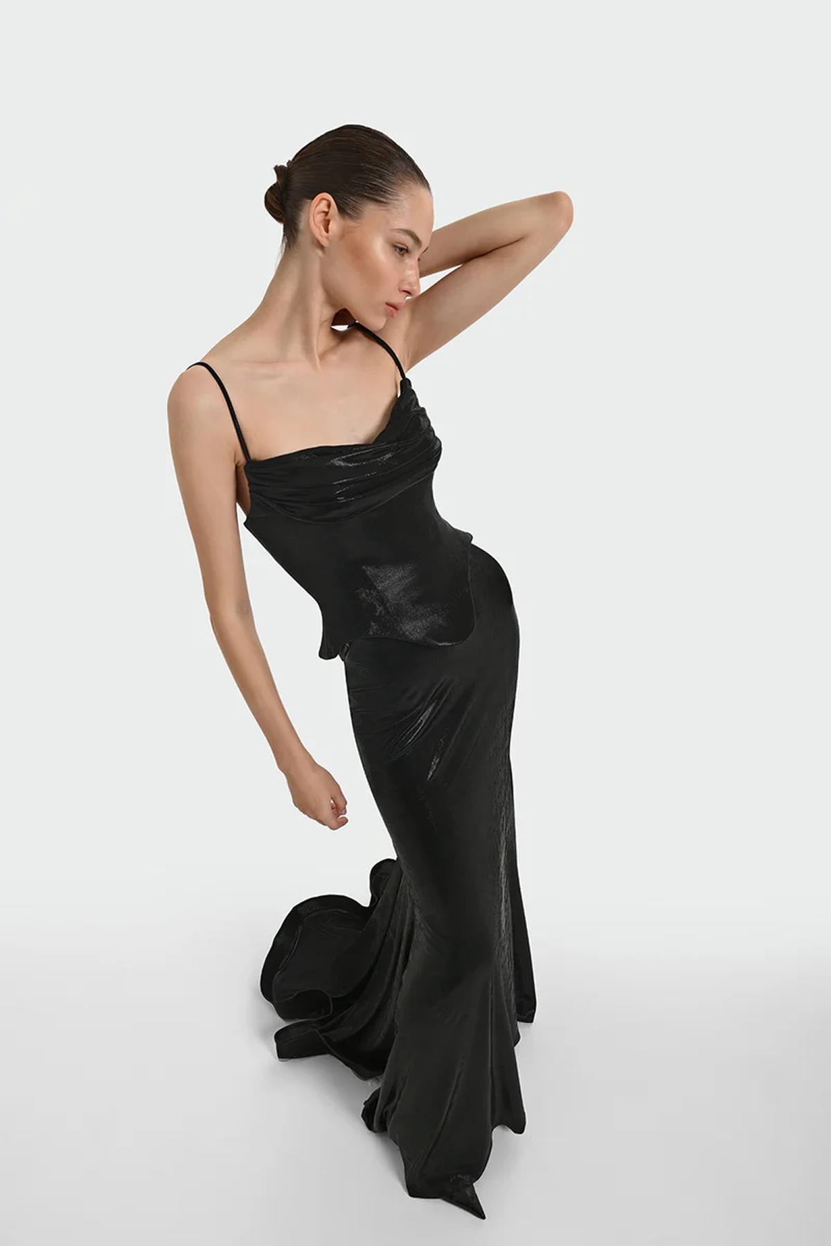 İnce Askılı Drape Detaylı Abiye Elbise