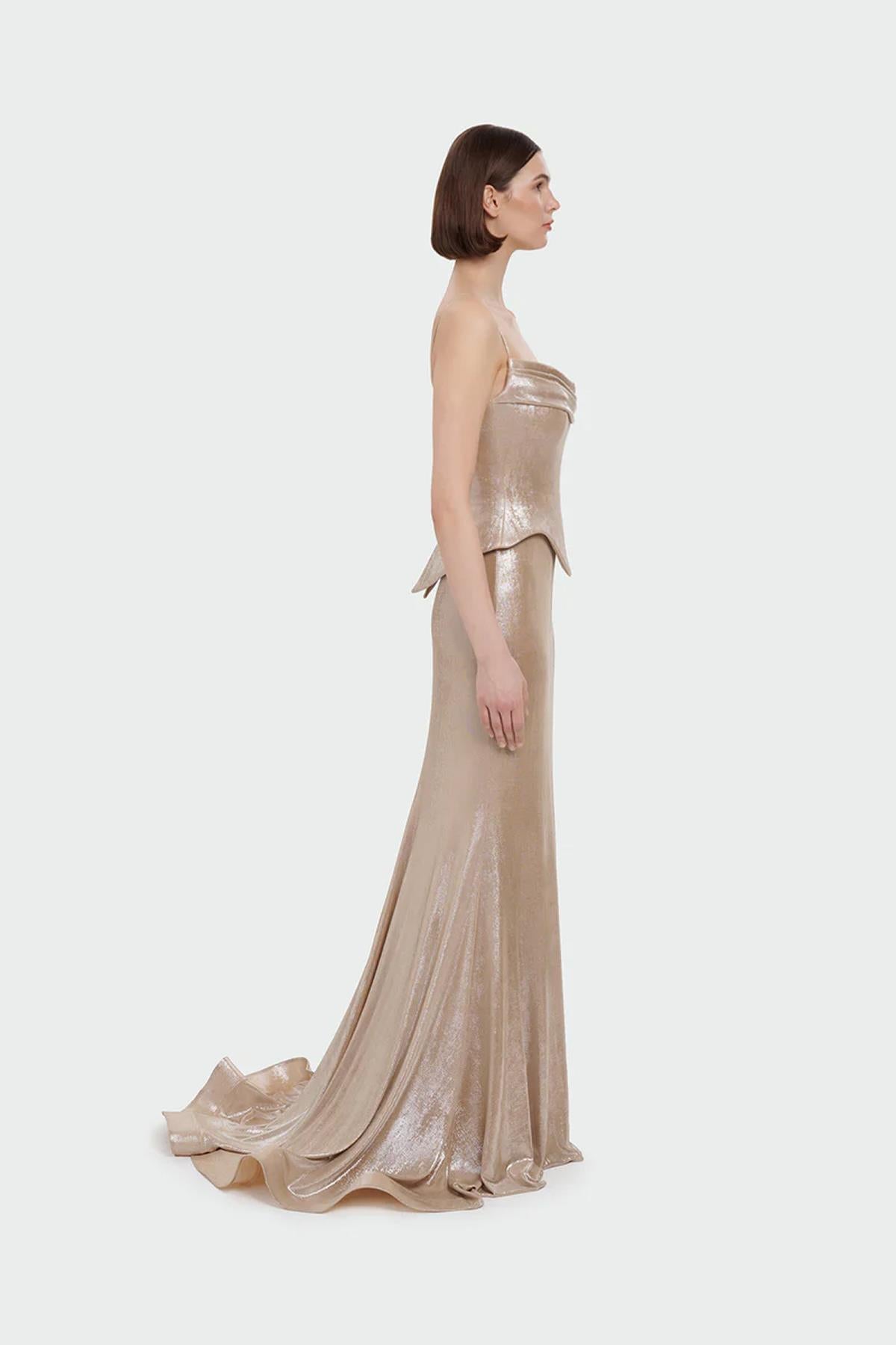 İnce Askılı Drape Detaylı Abiye Elbise