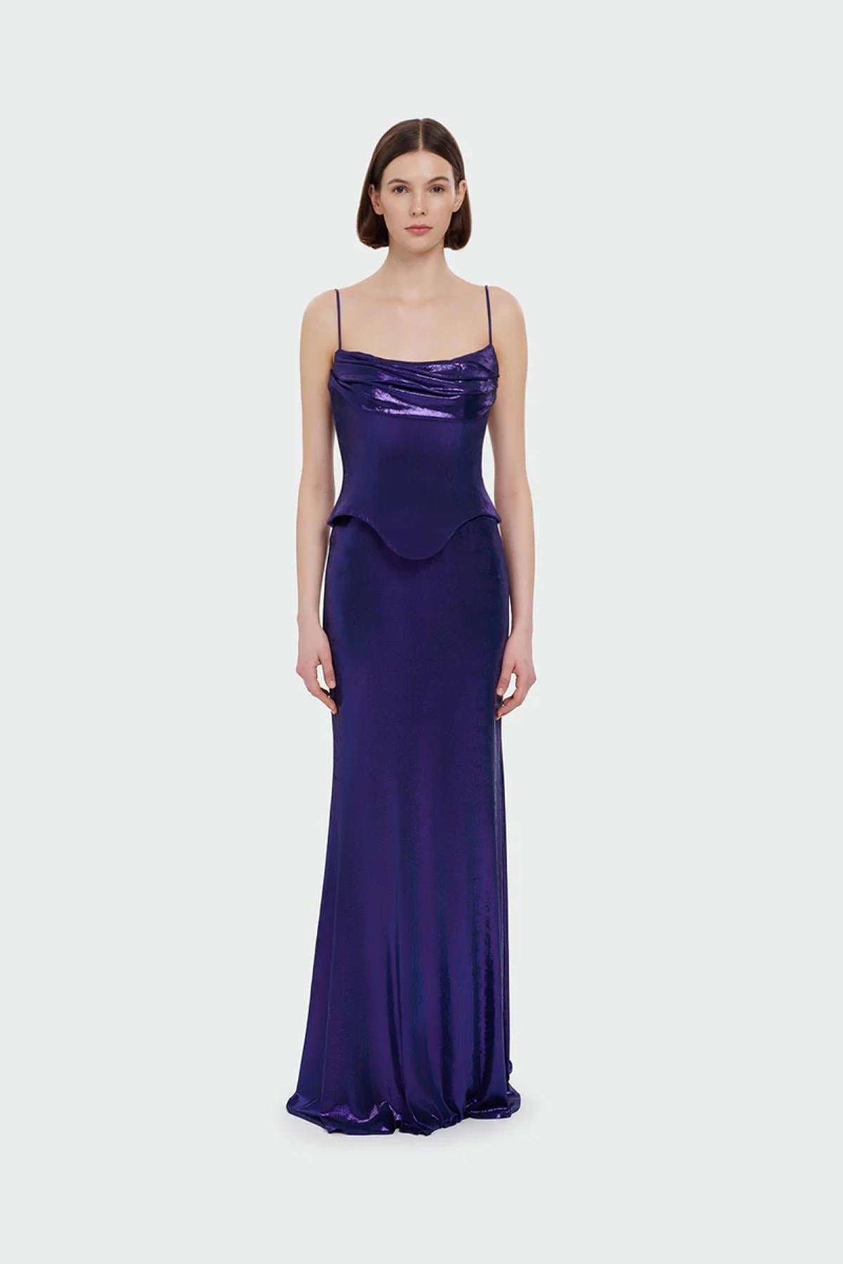 İnce Askılı Drape Detaylı Abiye Elbise