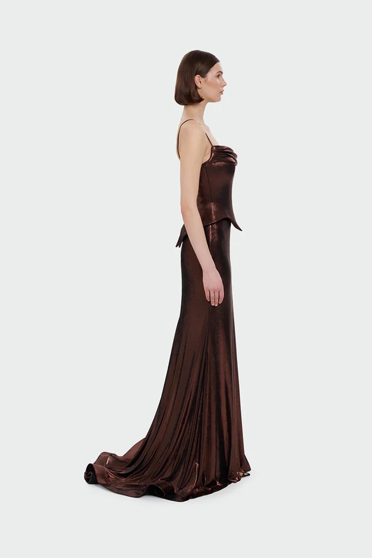 İnce Askılı Drape Detaylı Abiye Elbise