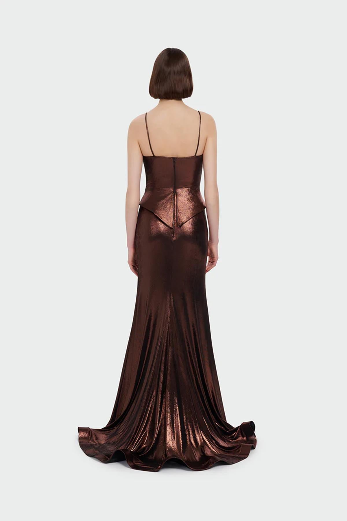 İnce Askılı Drape Detaylı Abiye Elbise