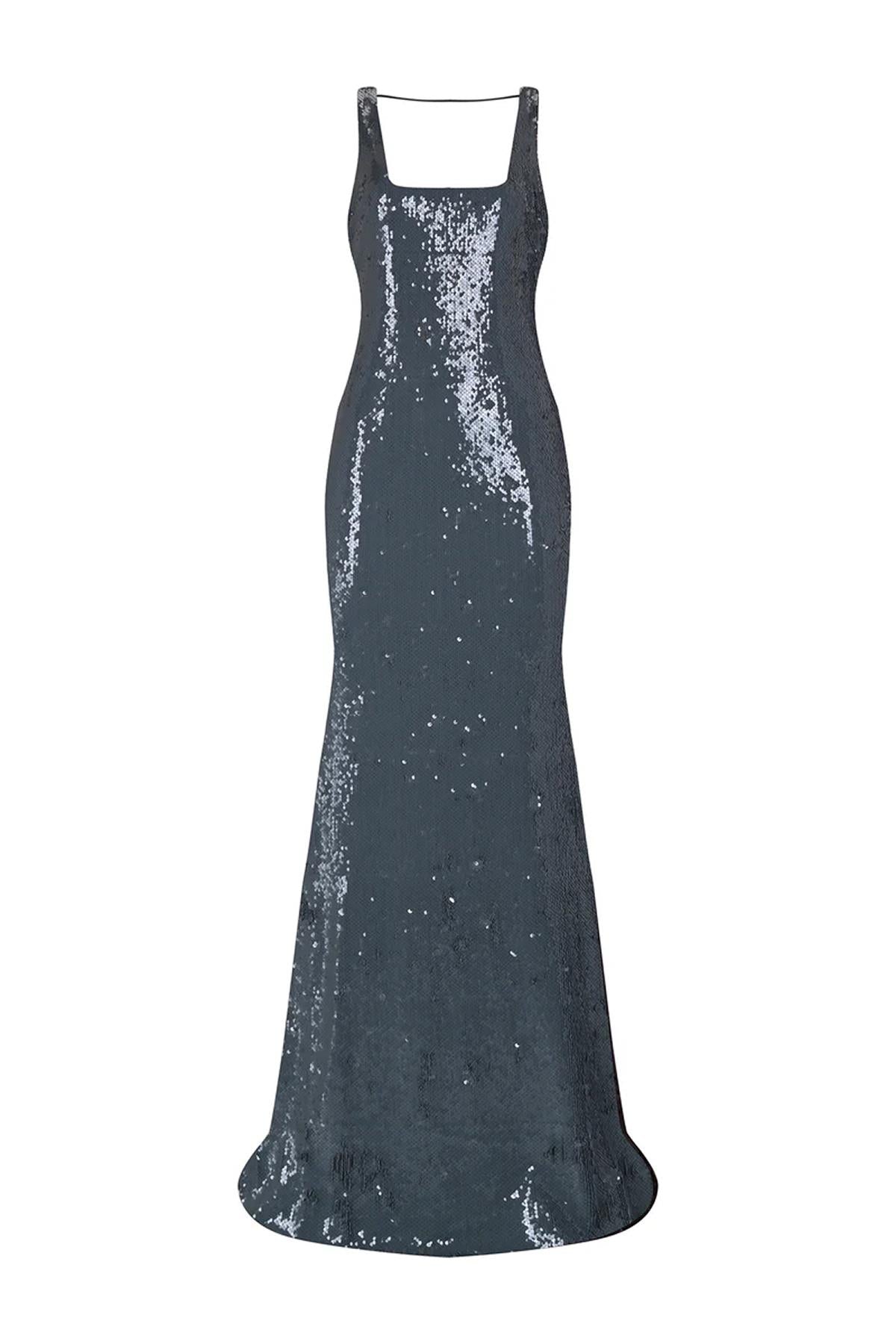 Pul Payet İşlemeli Askılı Abiye Elbise