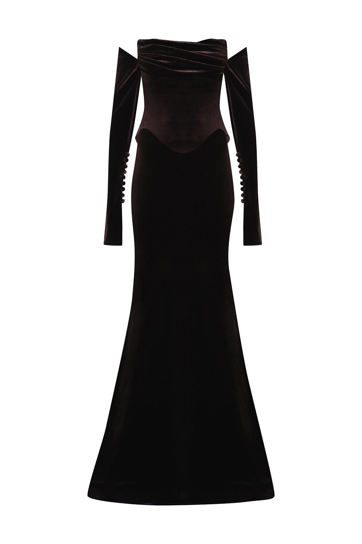 فستان سهرة مخملي بدون حمالات بأكمام قصيرة وقصة ذيل السمكة