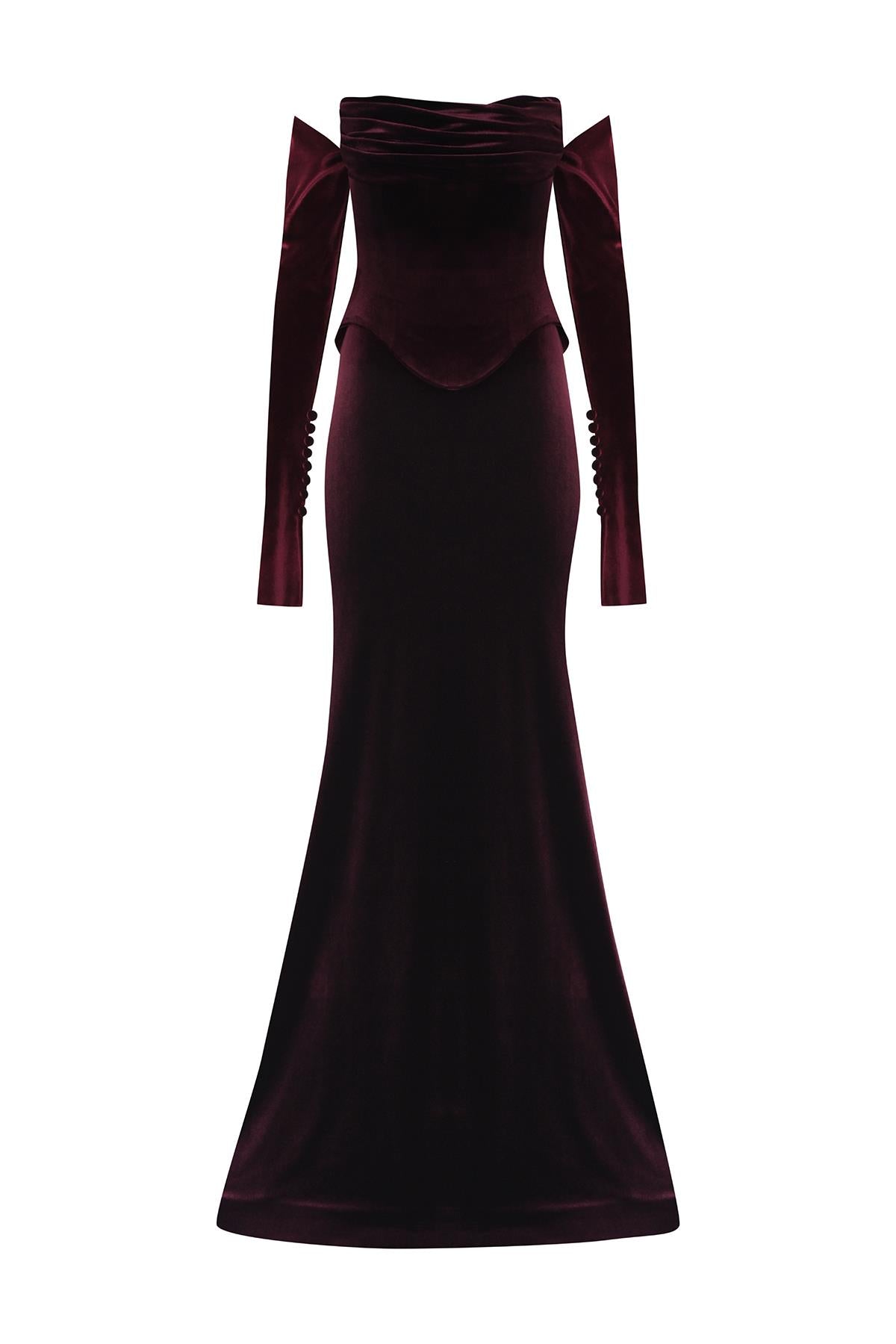 فستان سهرة مخملي بدون حمالات بأكمام قصيرة وقصة ذيل السمكة