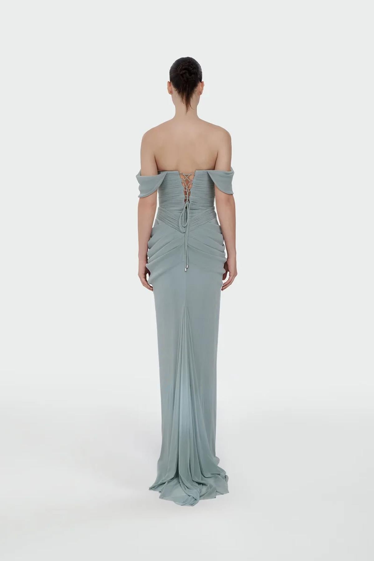 Düşük Omuz Ön Drape Detaylı Abiye Elbise