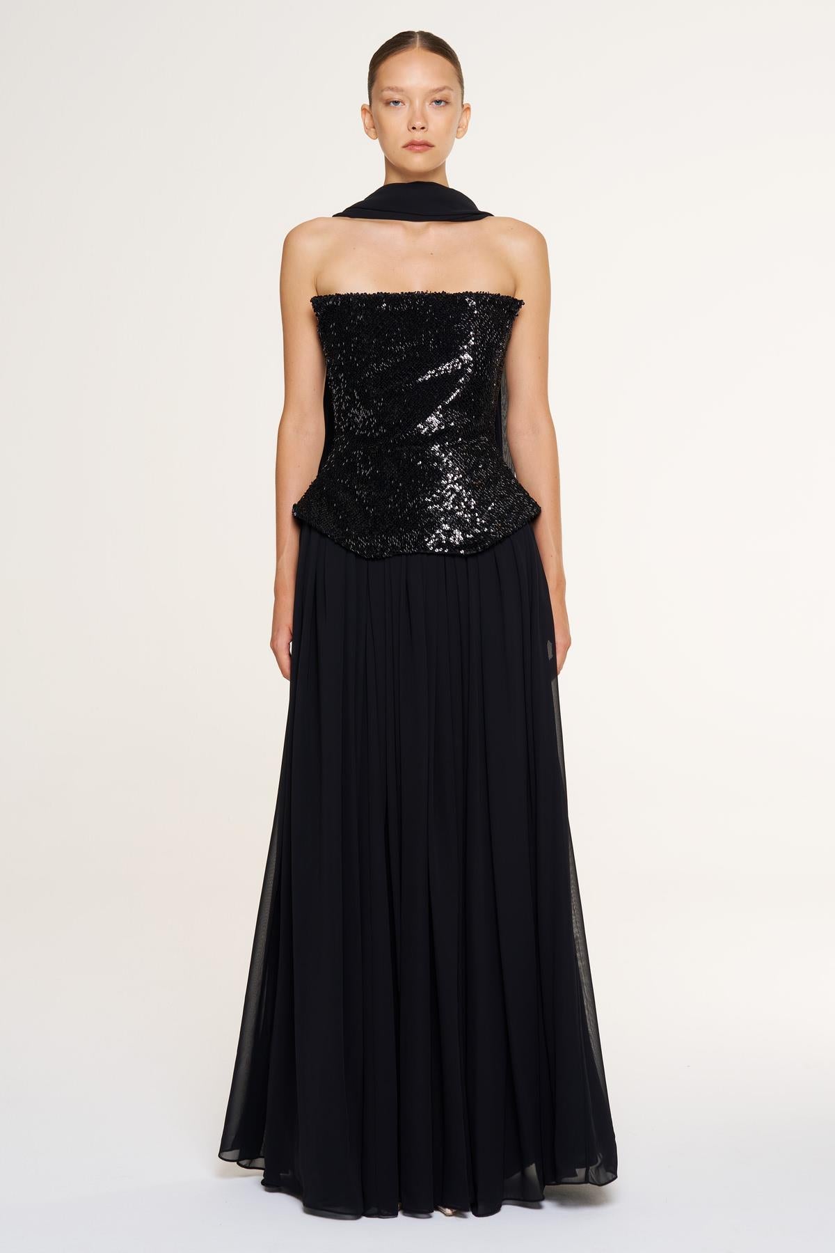 Payetli Straplez Şal Detaylı Uzun Abiye Elbise