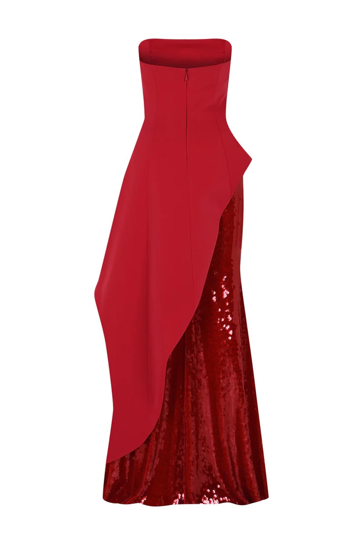 Pul Payet İşlemeli Straplez Krep Abiye Elbise