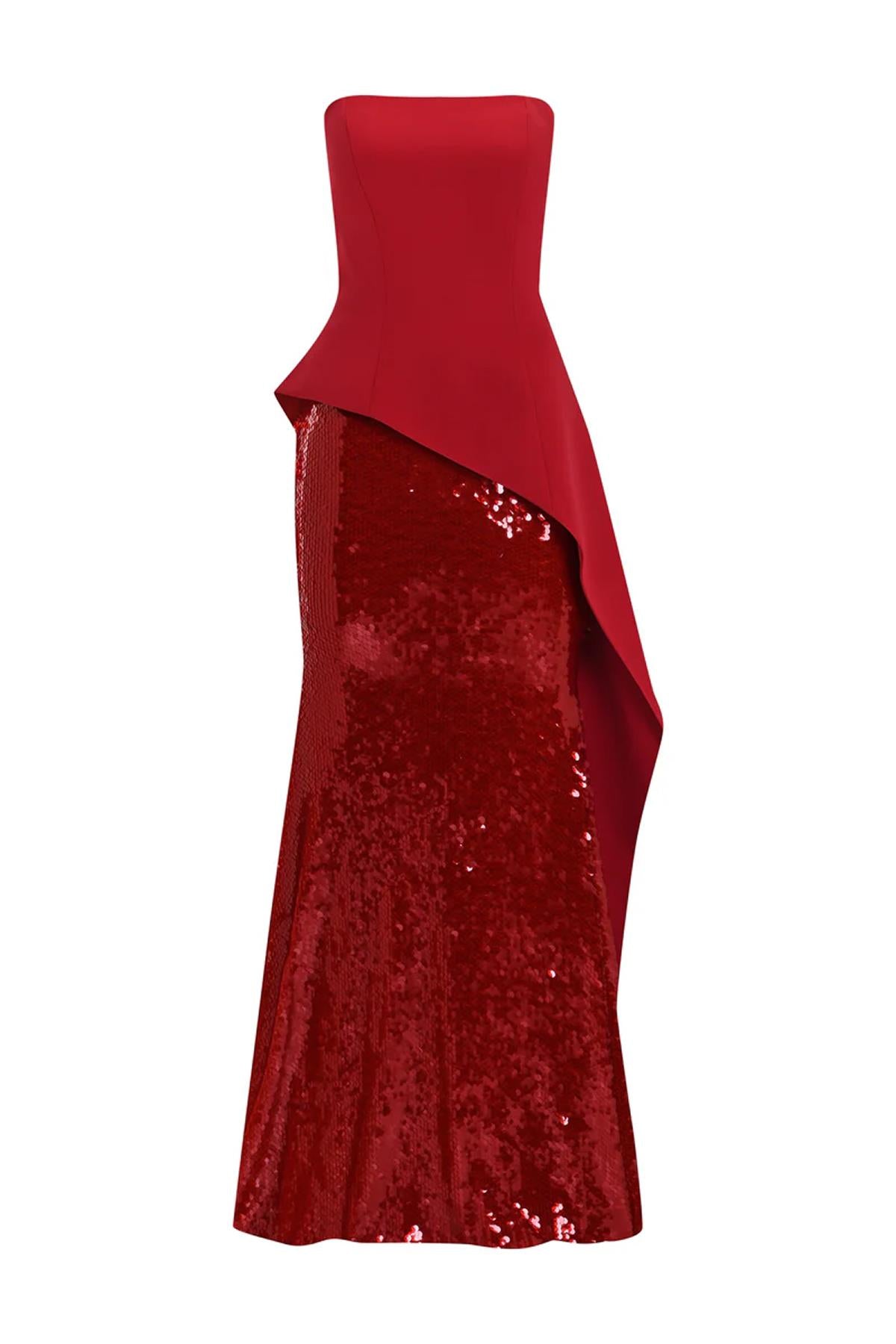 Pul Payet İşlemeli Straplez Krep Abiye Elbise