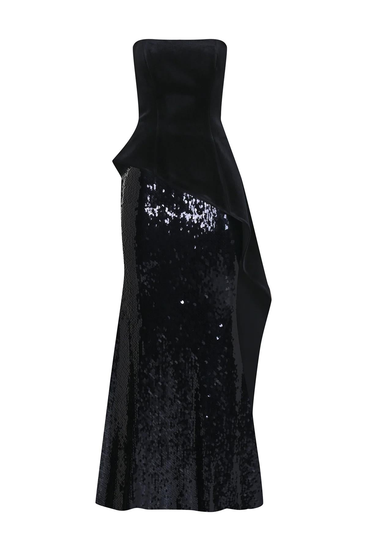 Pul Payet İşlemeli Straplez Kadife Abiye Elbise