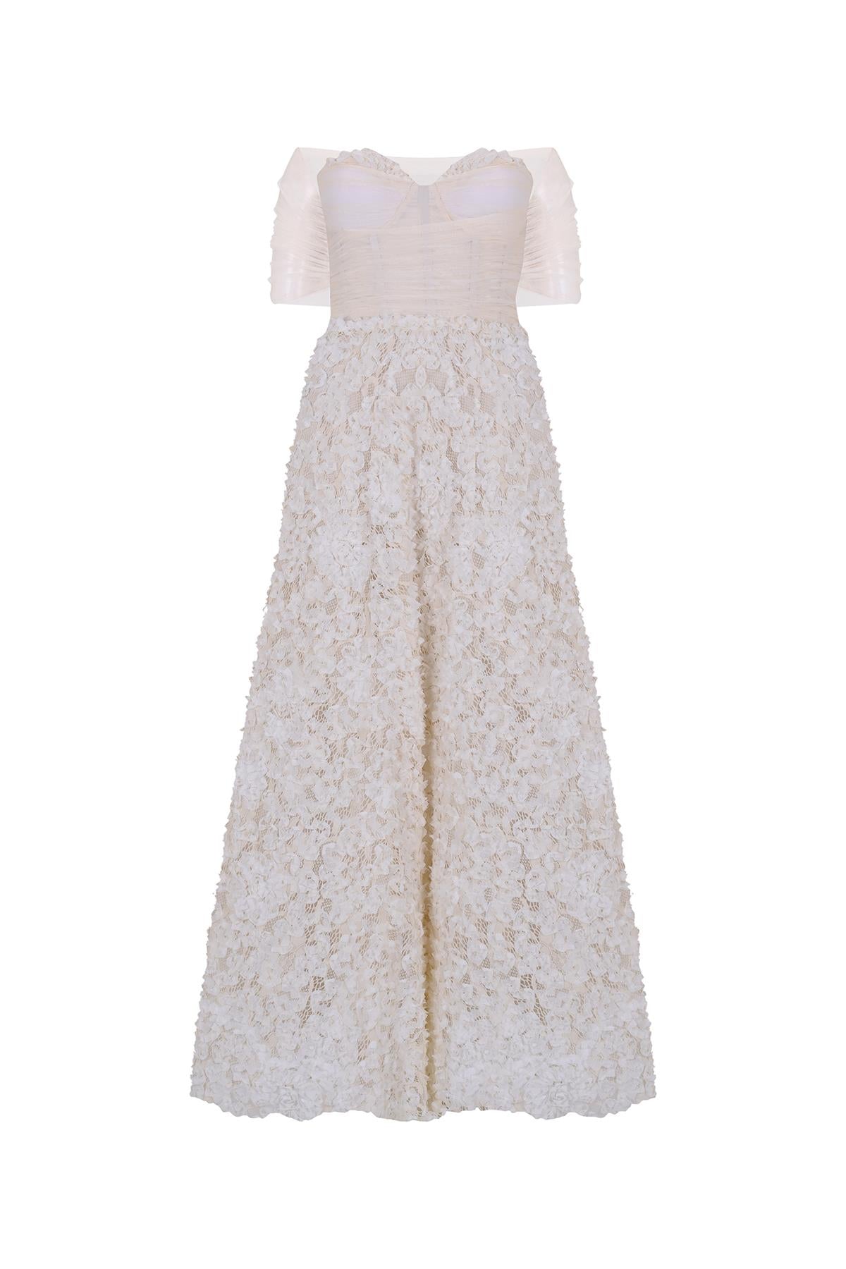 Çiçek Aplikeli Transparan Büst Detaylı Uzun Abiye Elbise