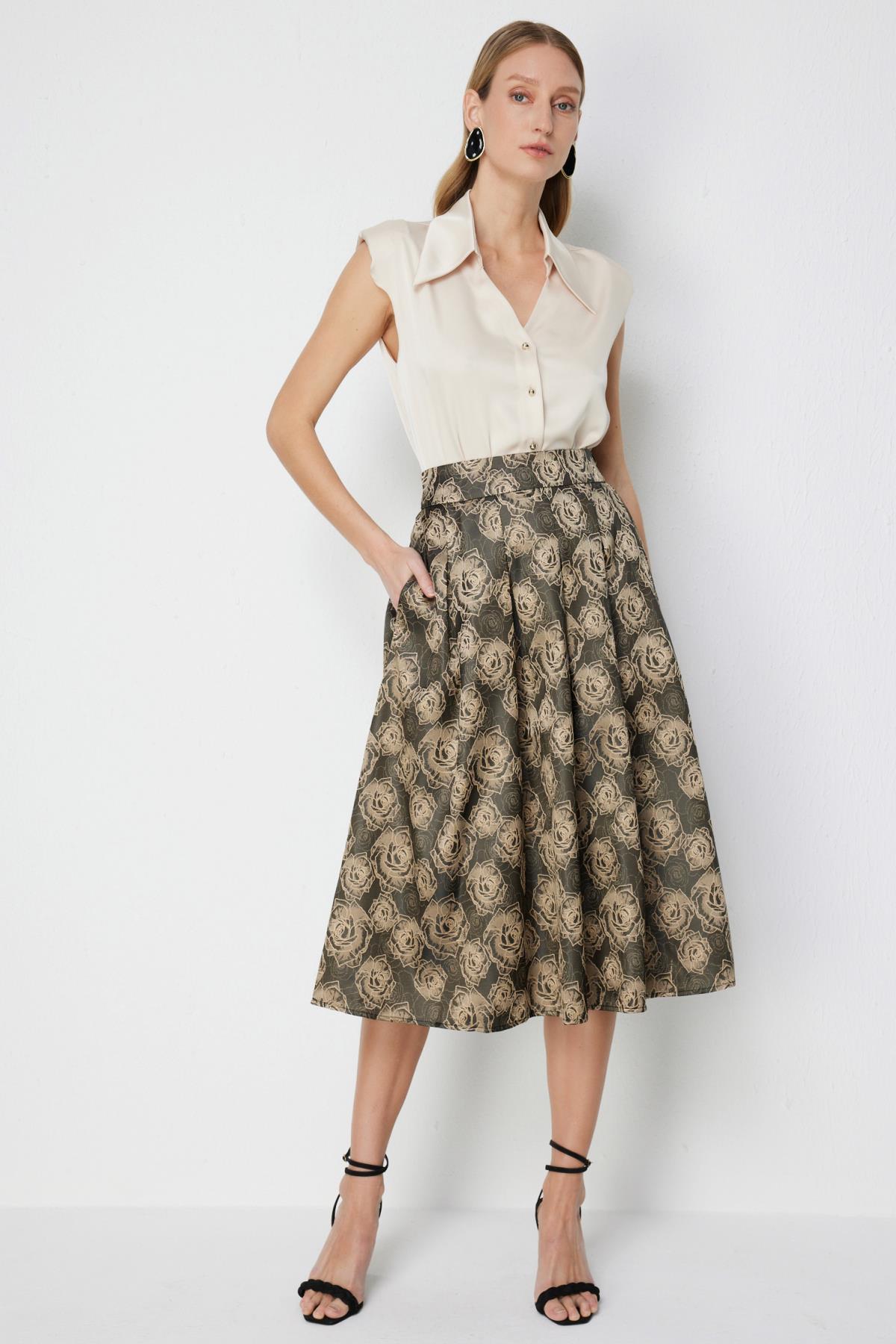 Çiçek Desenli Pileli Midi Etek