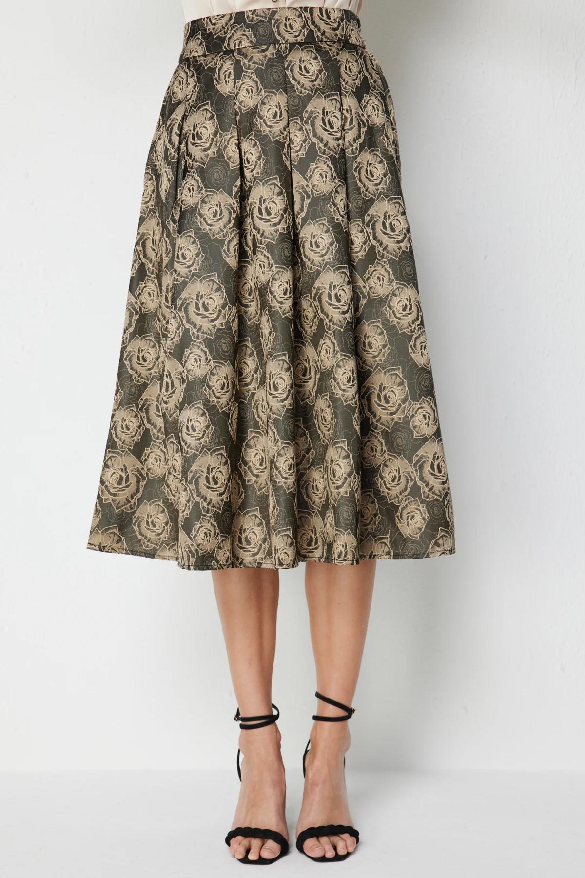 Çiçek Desenli Pileli Midi Etek
