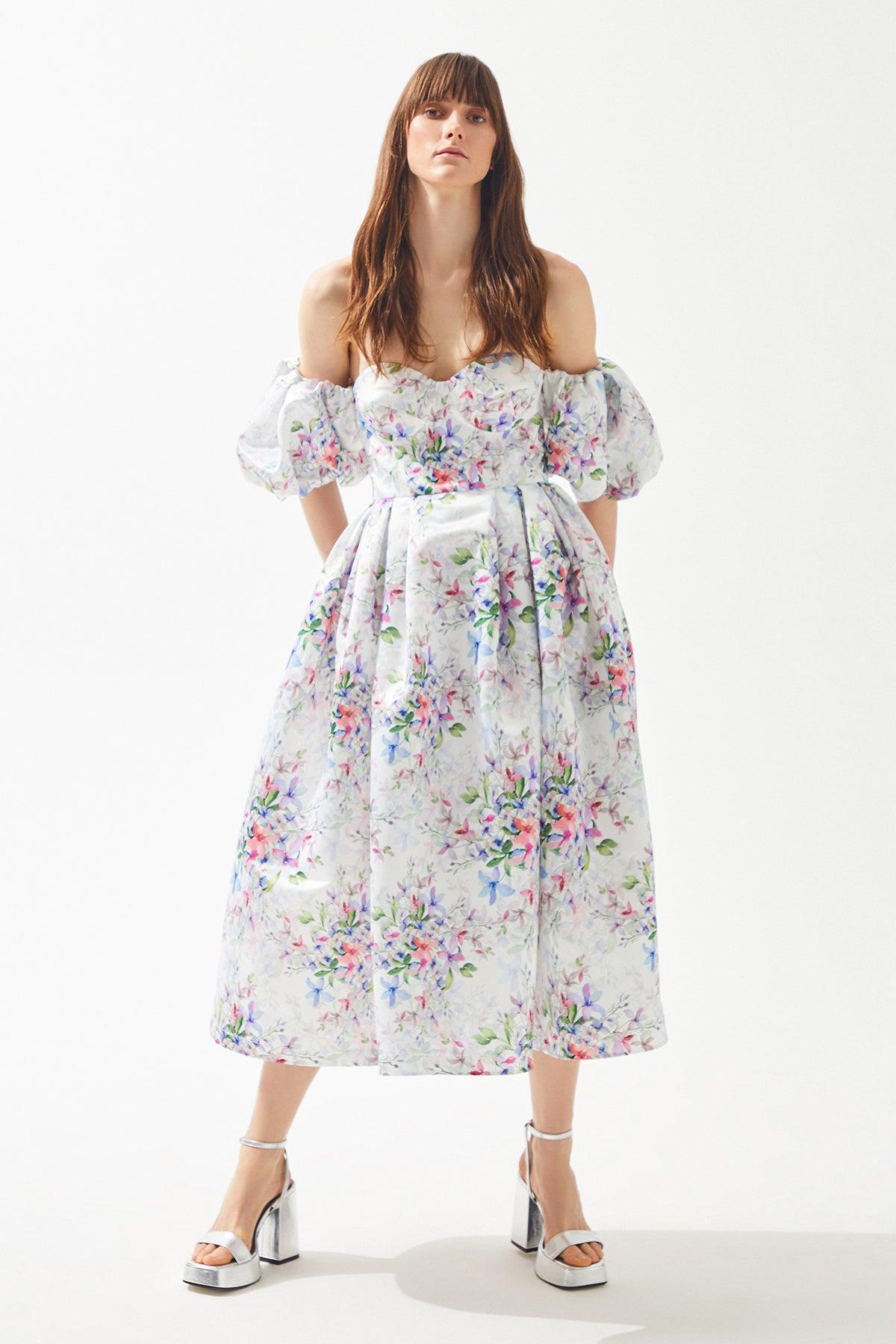 فستان ميدي بدون حمالات بأكمام منفوخة ومزين بنقشة زهور - Eser Clothing