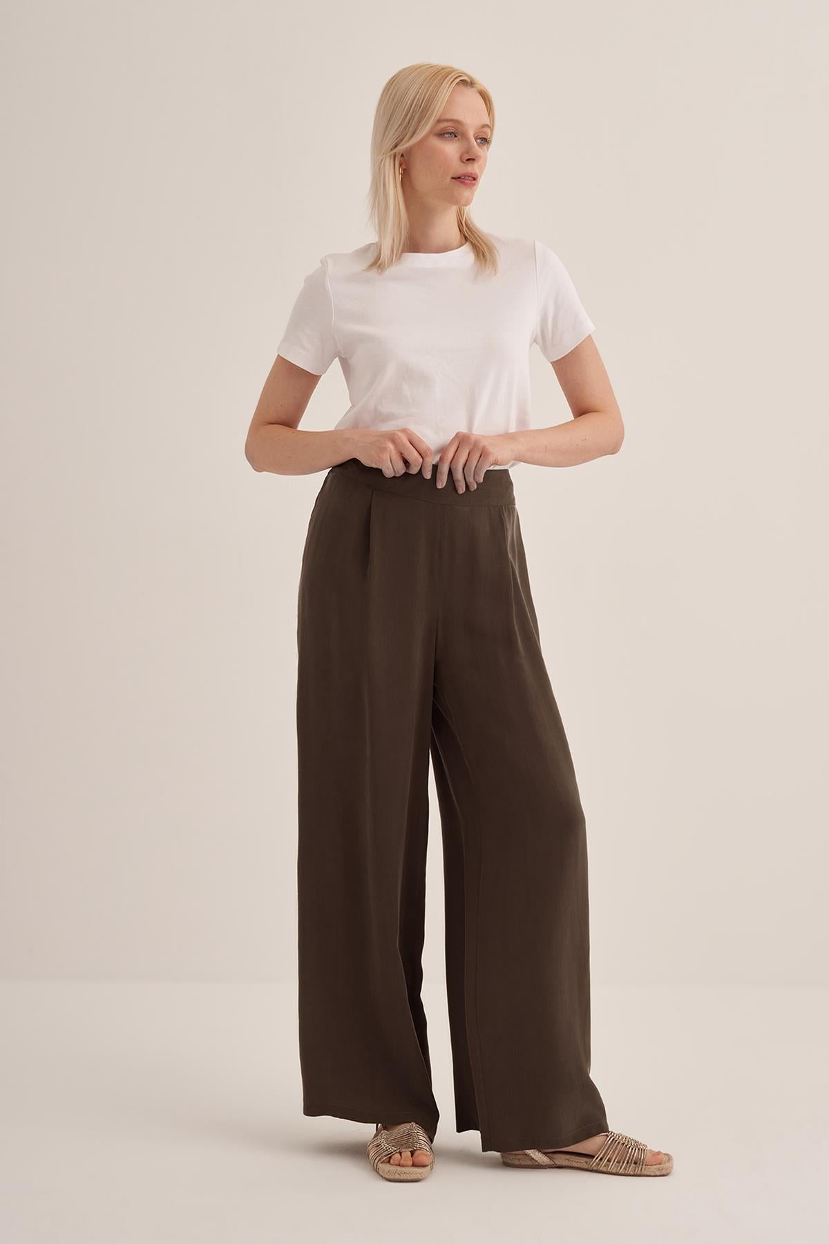 Elastic Waist Wide Leg Cupro Silk Trousers