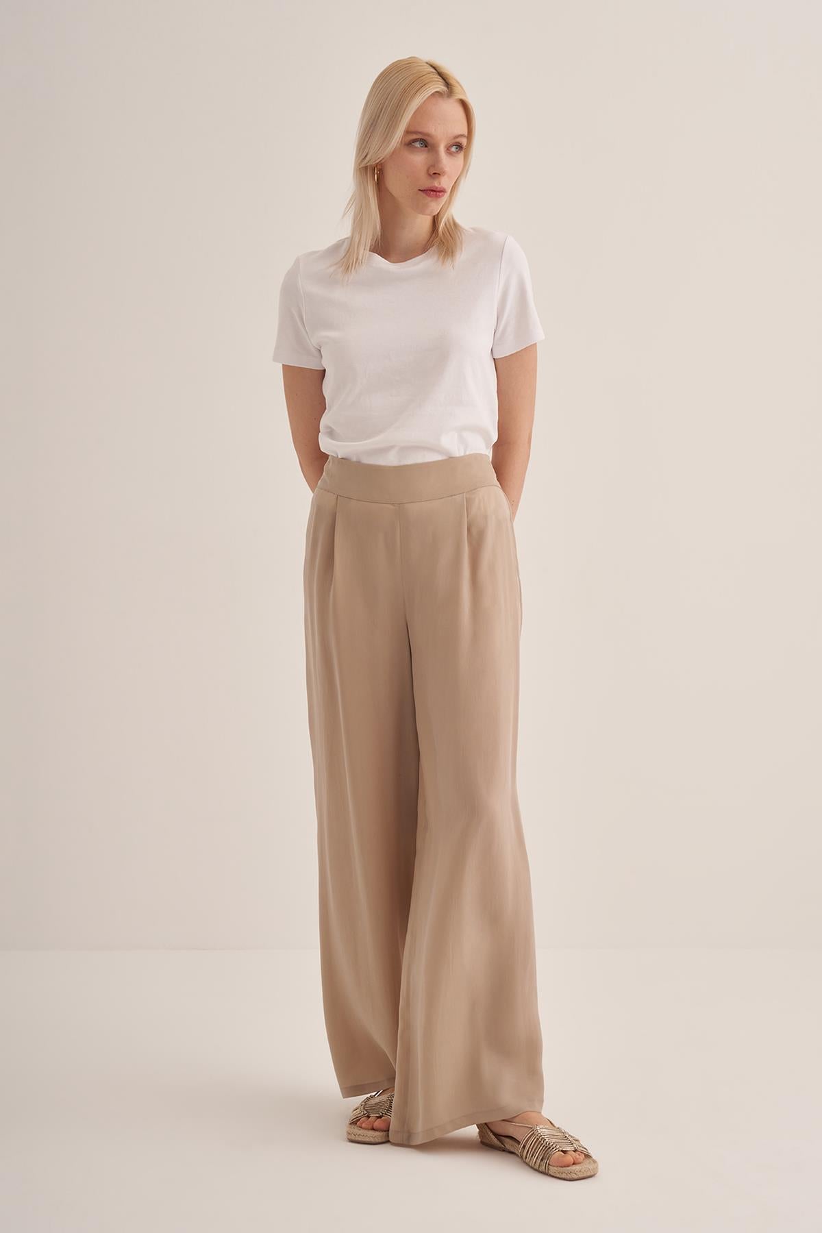 Elastic Waist Wide Leg Cupro Silk Trousers