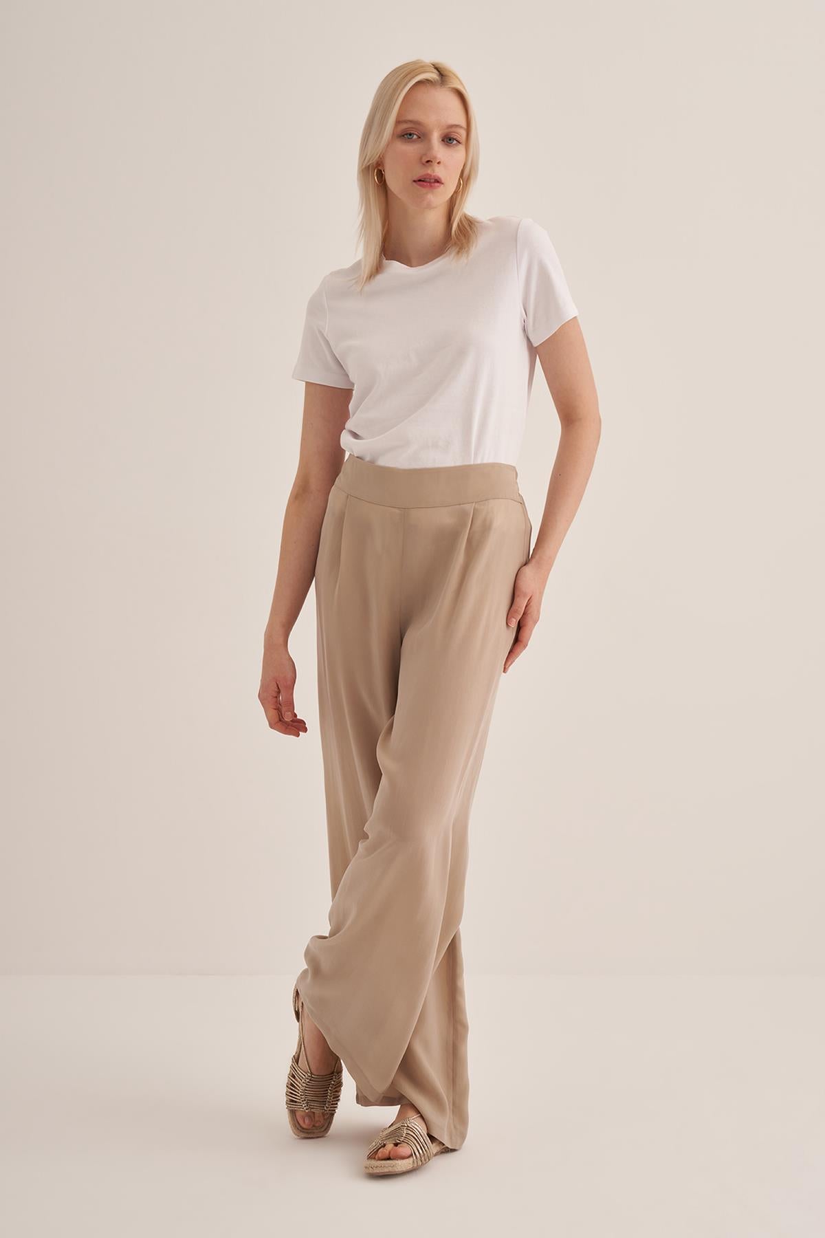 Elastic Waist Wide Leg Cupro Silk Trousers