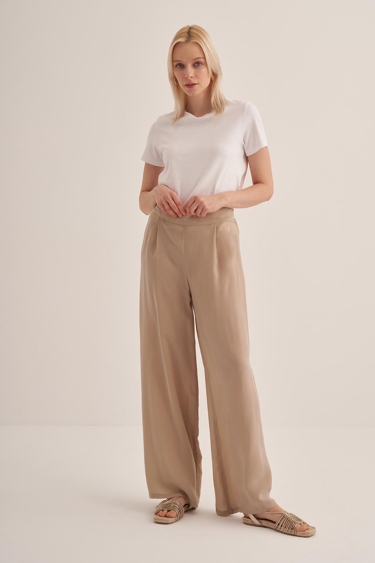 Elastic Waist Wide Leg Cupro Silk Trousers