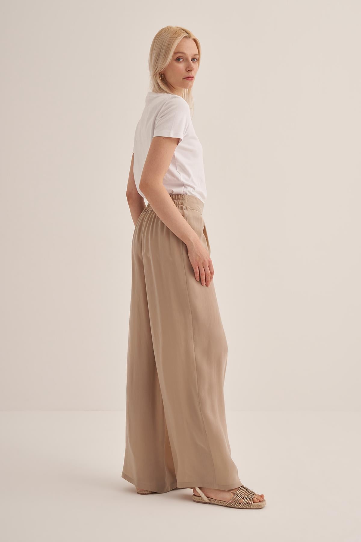 Elastic Waist Wide Leg Cupro Silk Trousers