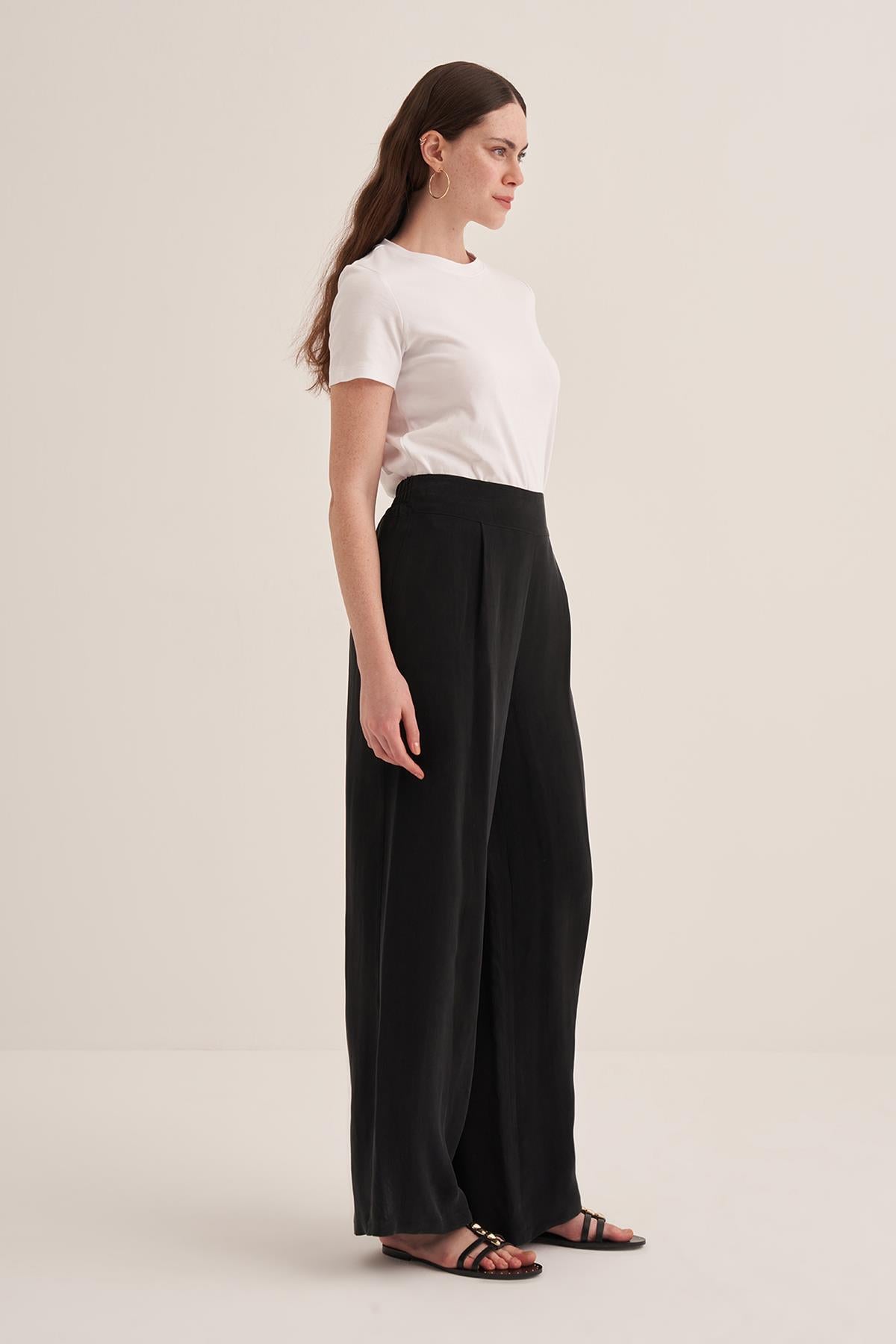 Elastic Waist Wide Leg Cupro Silk Trousers