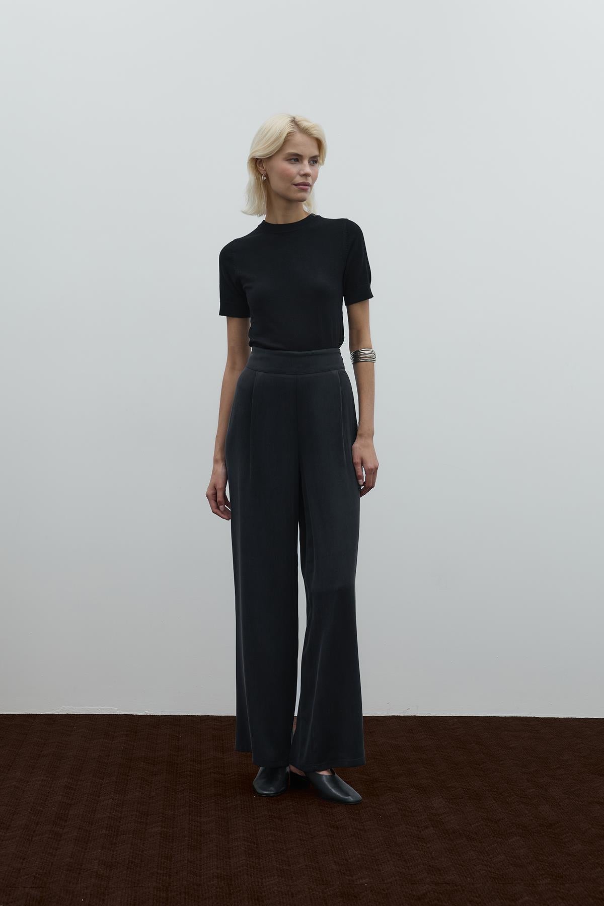 High Waist Pleated Detailed Cupro Trousers