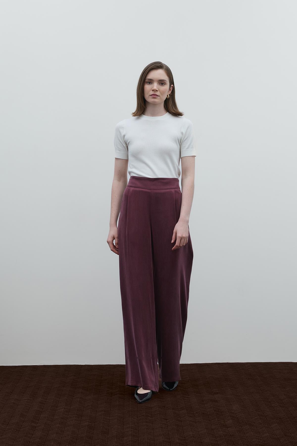 High Waist Pleated Detailed Cupro Trousers