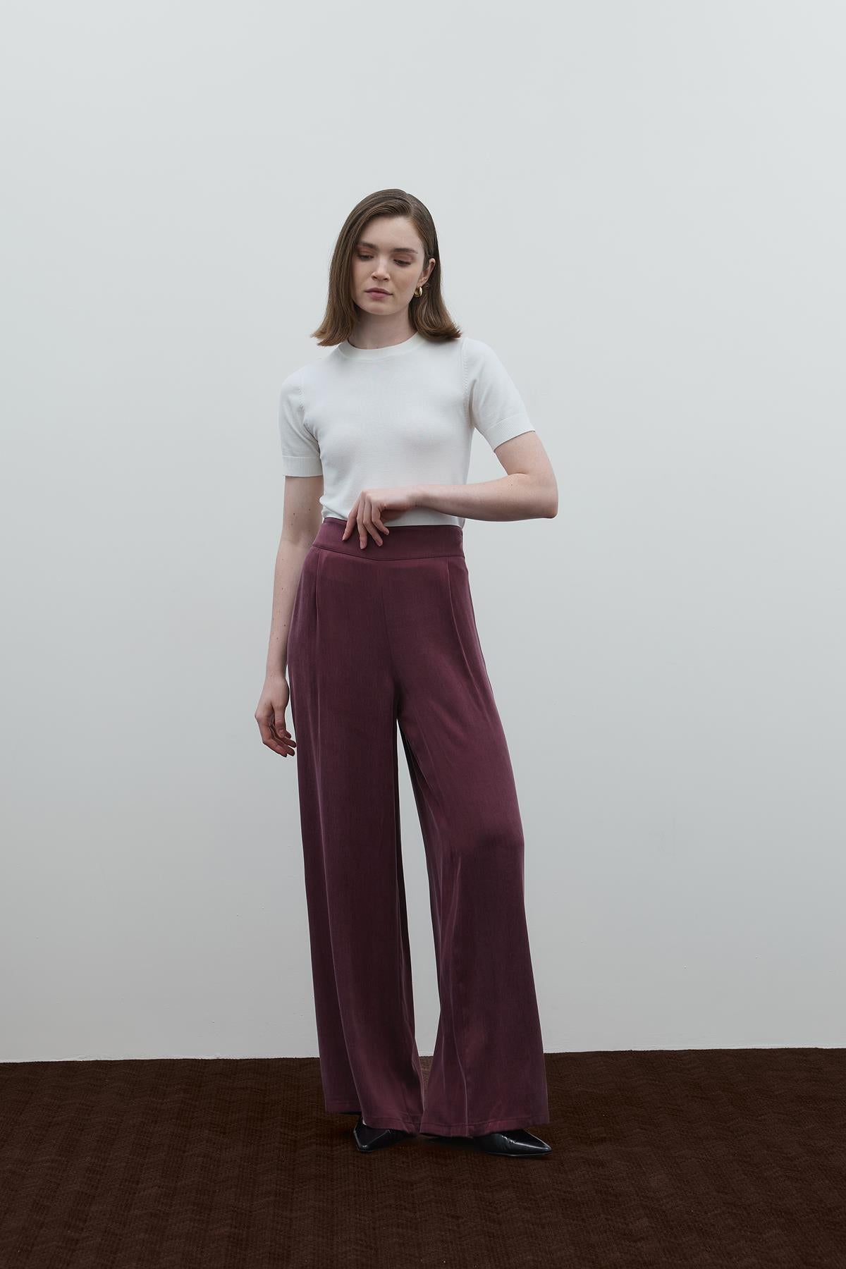 High Waist Pleated Detailed Cupro Trousers