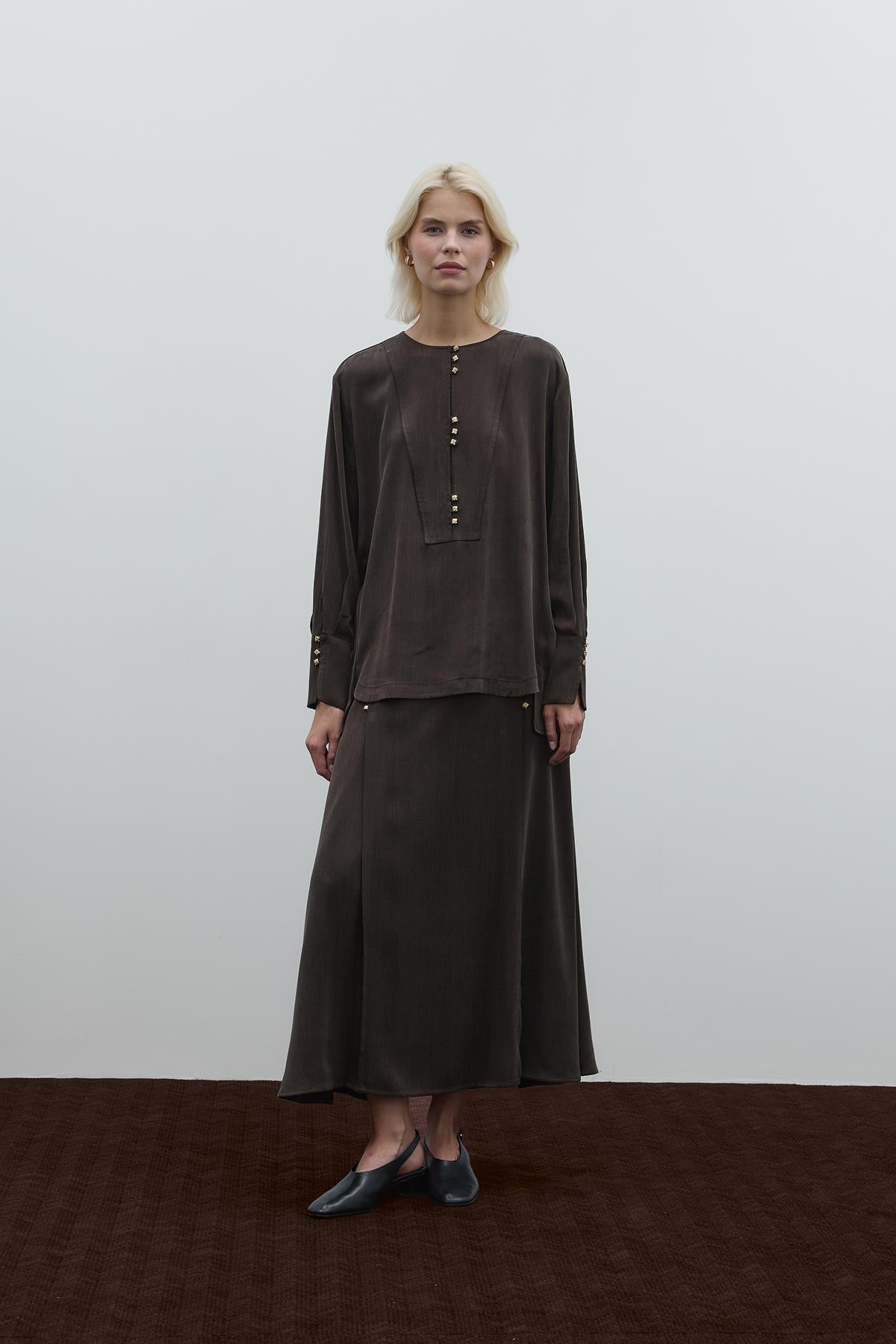 Round Neck Button Detailed Cupro Tunic