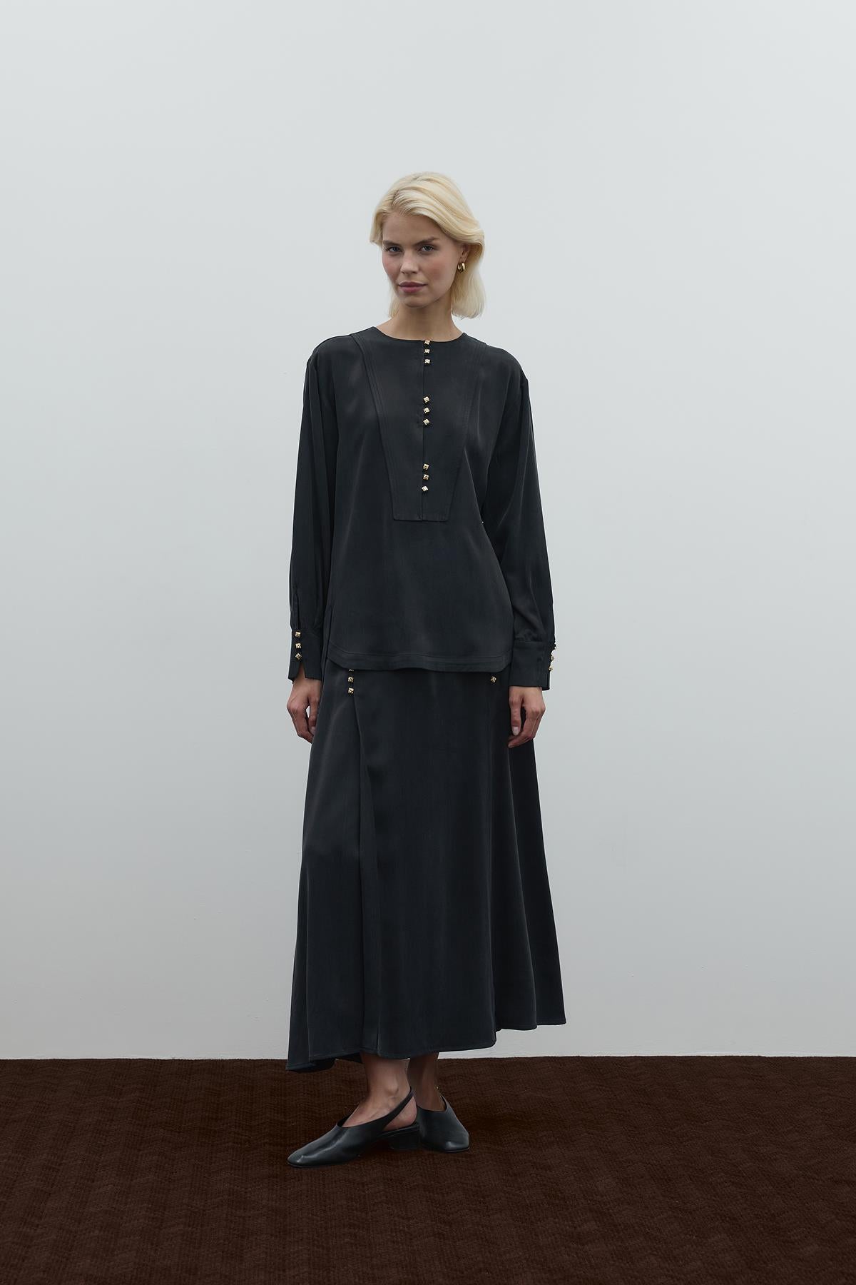 Round Neck Button Detailed Cupro Tunic