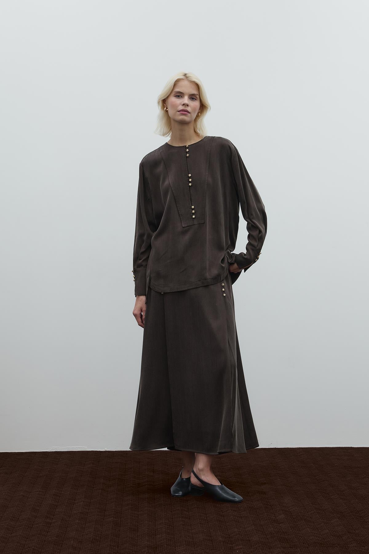 Round Neck Button Detailed Cupro Tunic