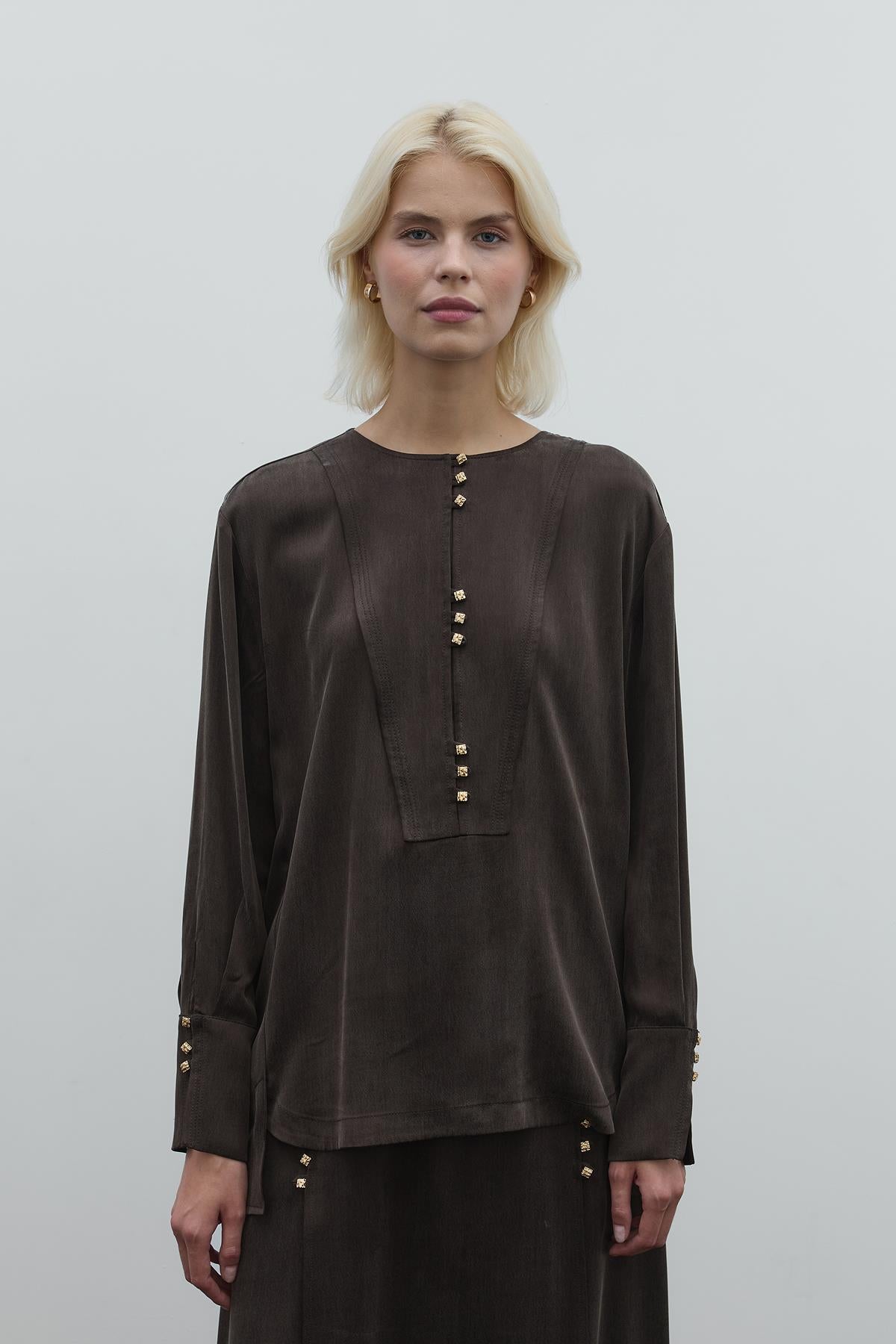 Round Neck Button Detailed Cupro Tunic