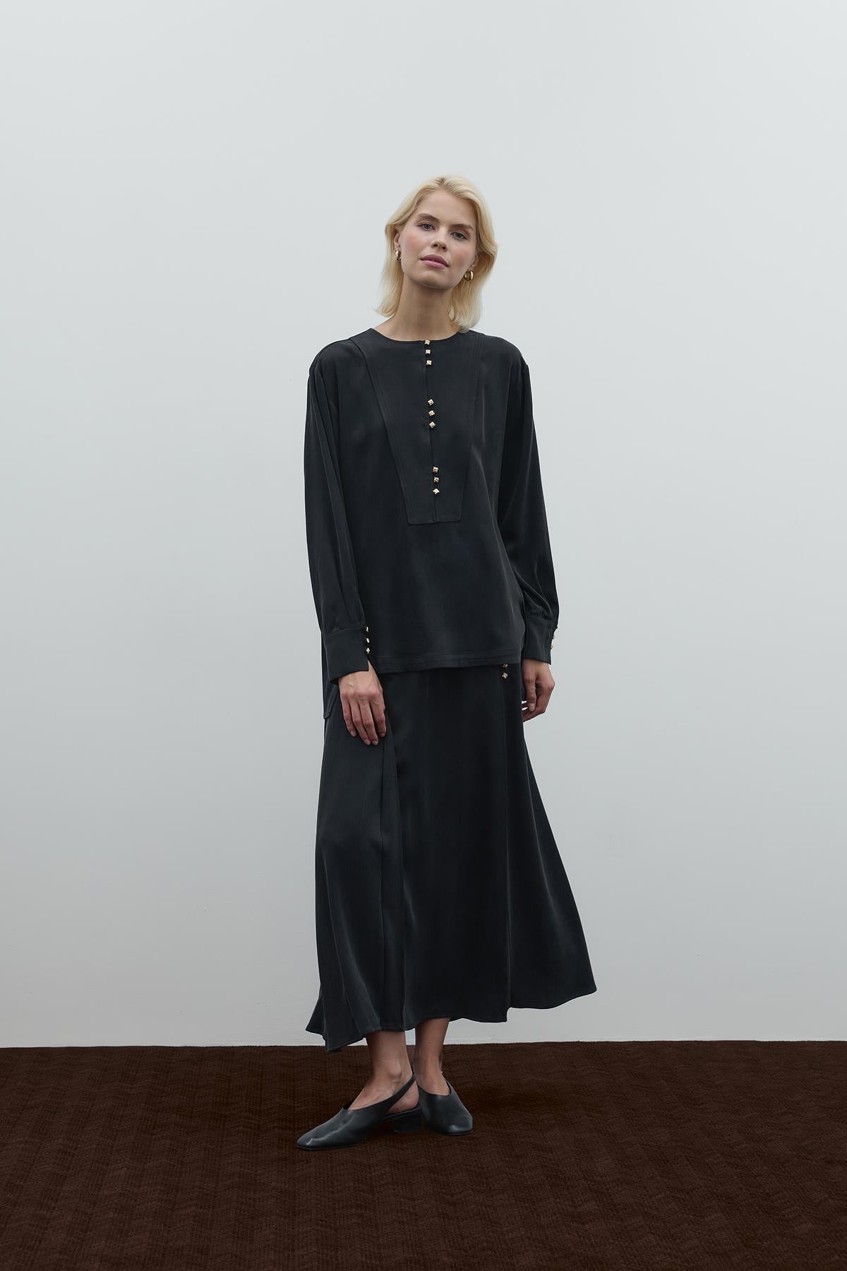 Round Neck Button Detailed Cupro Tunic