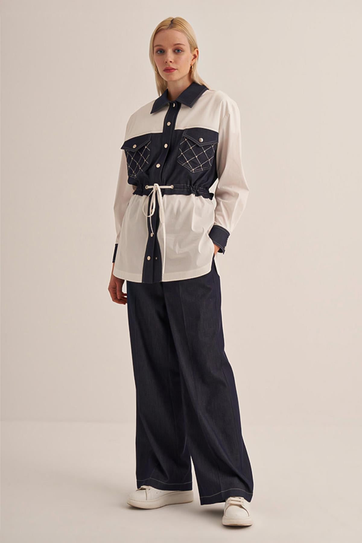 Denim Garnished Waist Laced Tunic