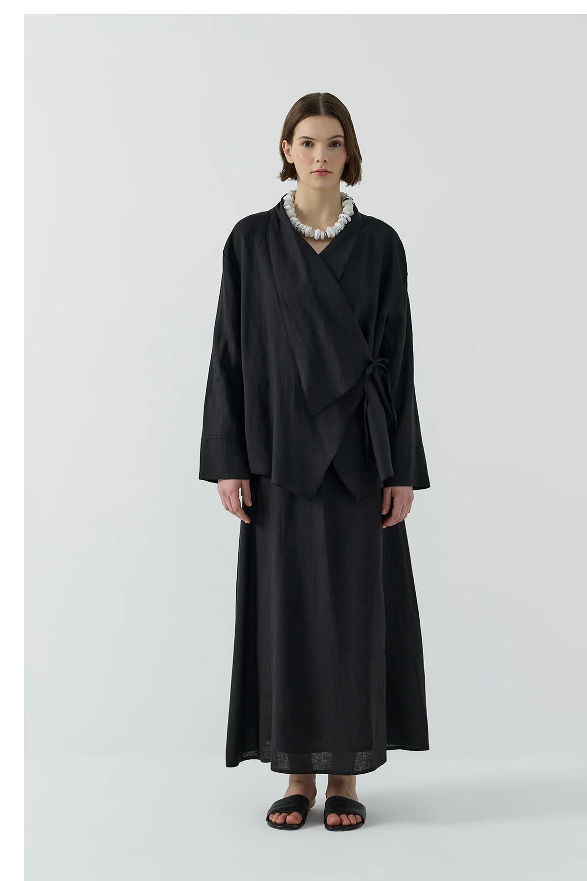 Yan Bağlamalı Keten Kimono