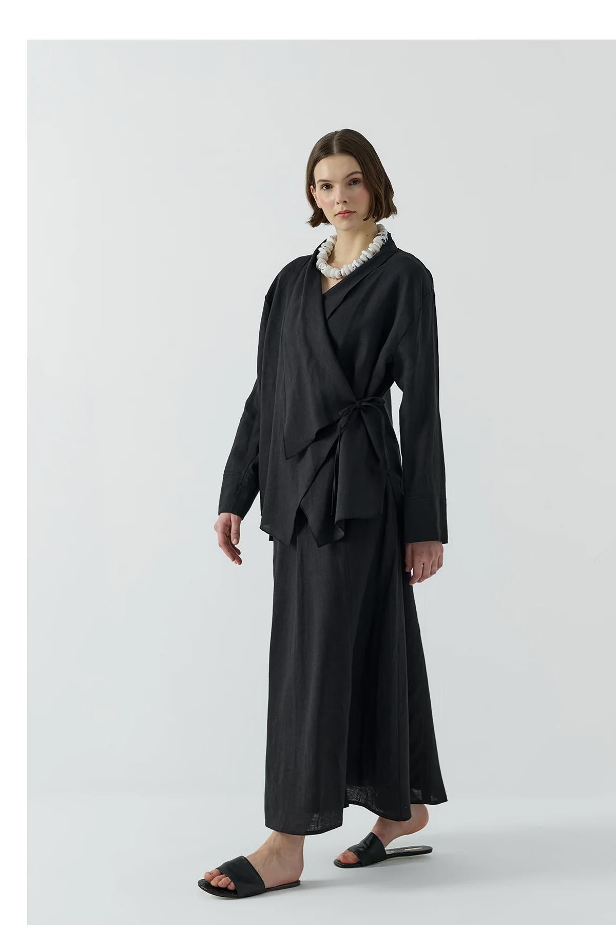 Yan Bağlamalı Keten Kimono