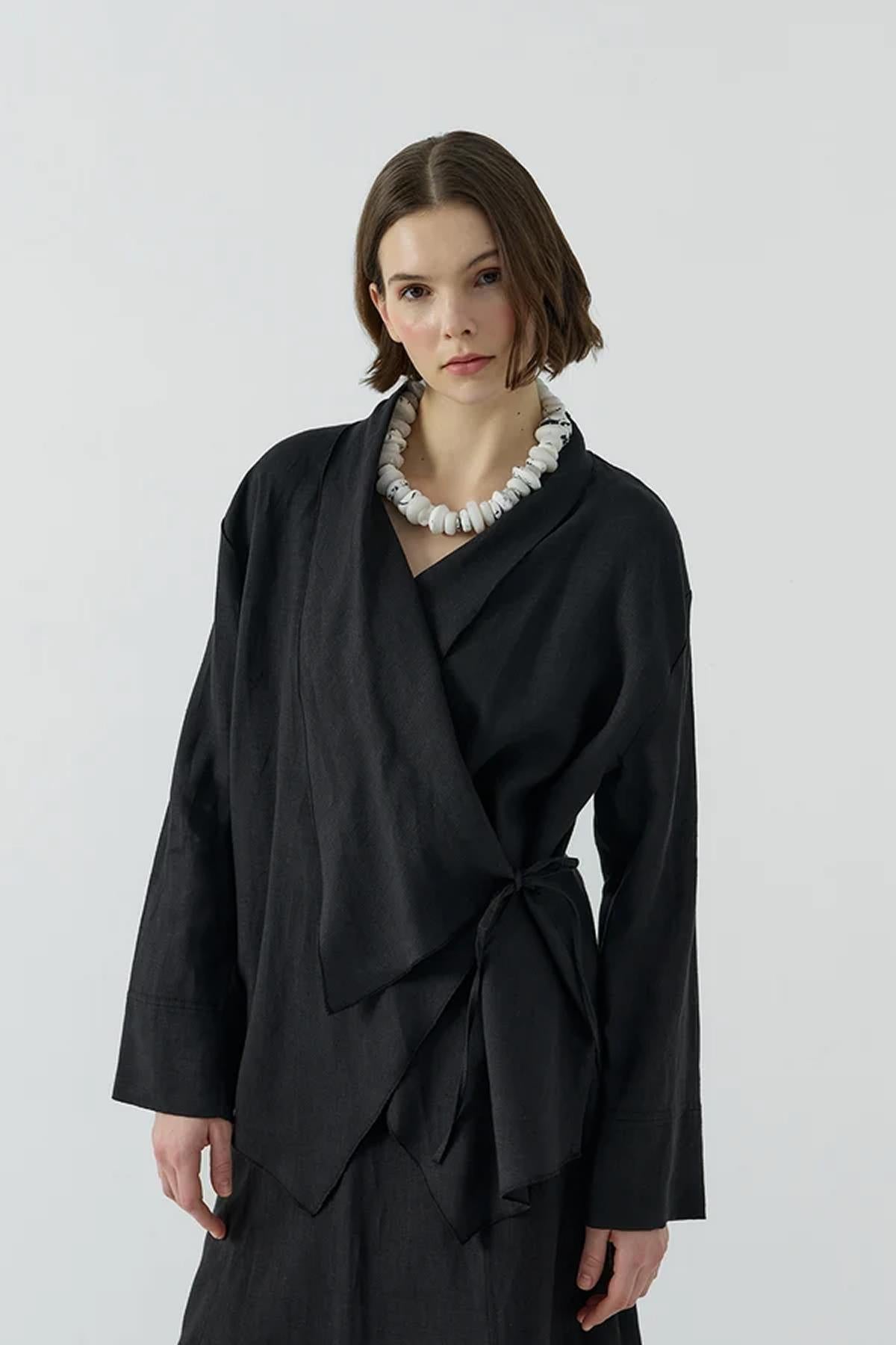 Yan Bağlamalı Keten Kimono