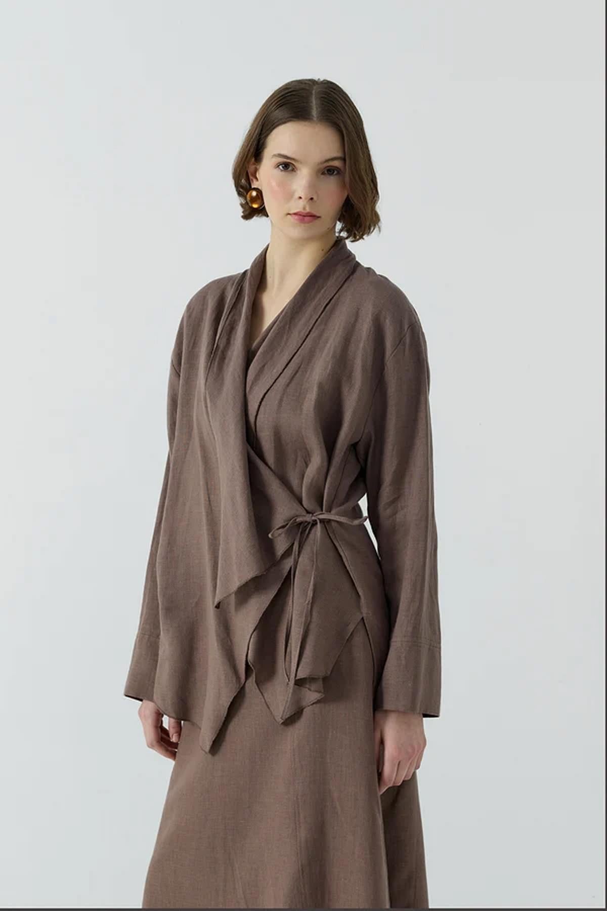 Yan Bağlamalı Keten Kimono