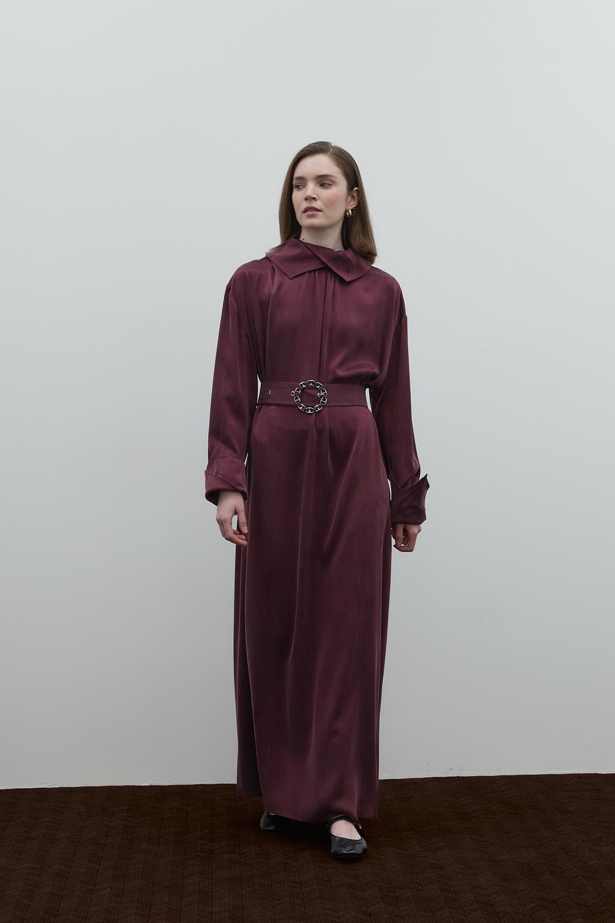 Cupro Long Dress with Waist Belt