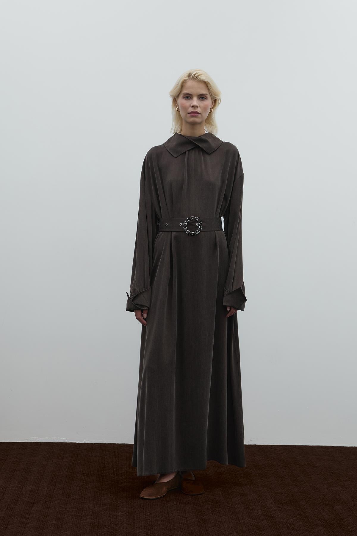 Cupro Long Dress with Waist Belt