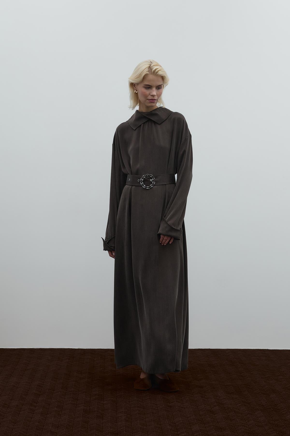 Cupro Long Dress with Waist Belt