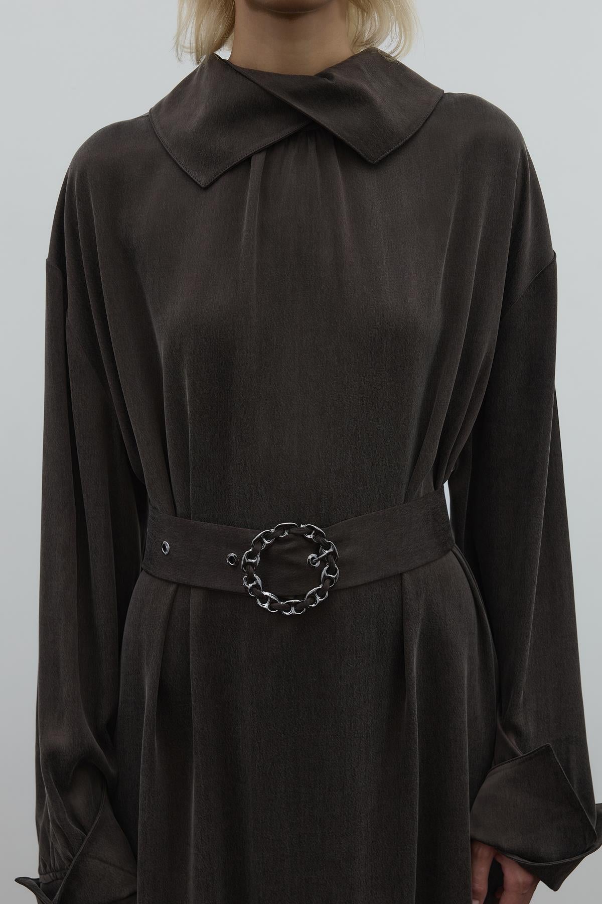 Cupro Long Dress with Waist Belt