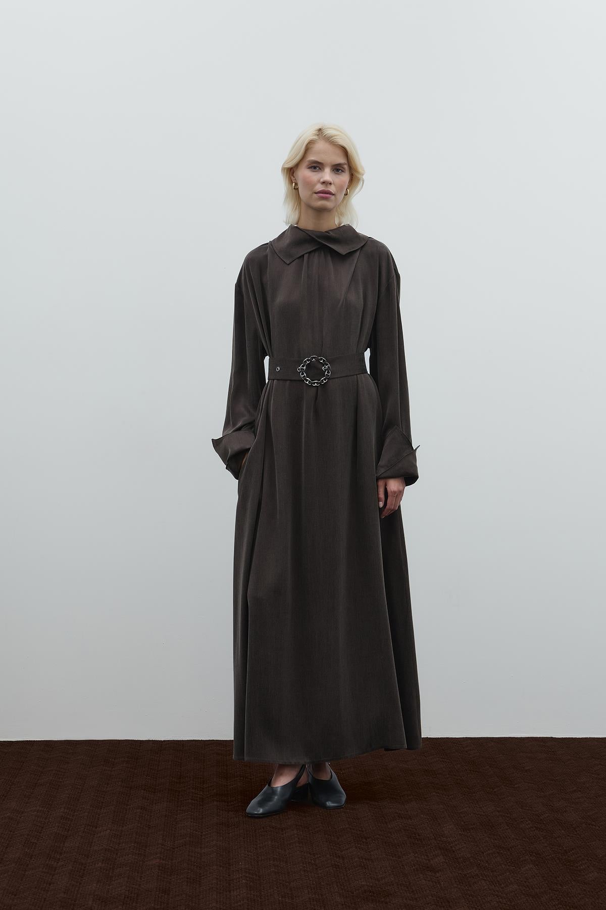 Cupro Long Dress with Waist Belt