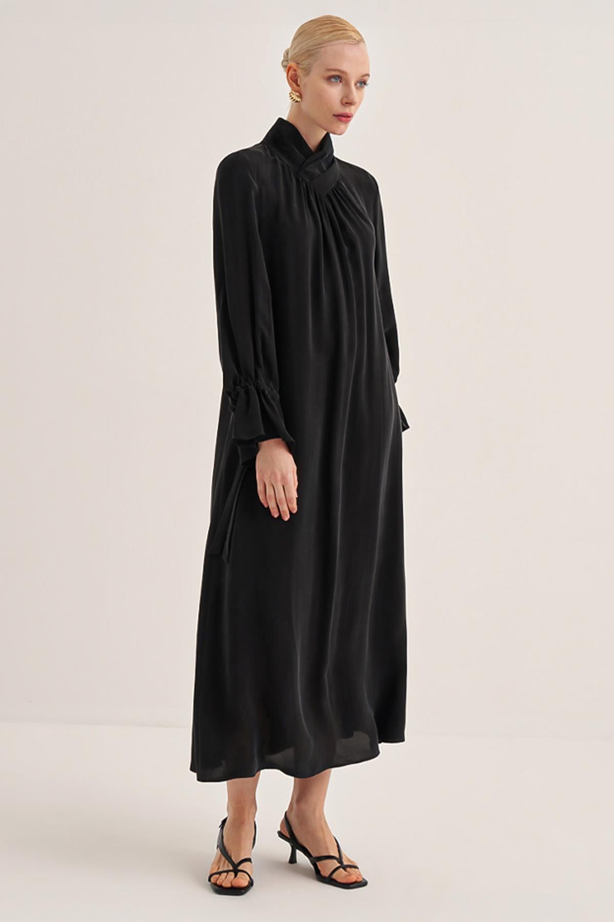 High Collar Pleated Cupro Dress