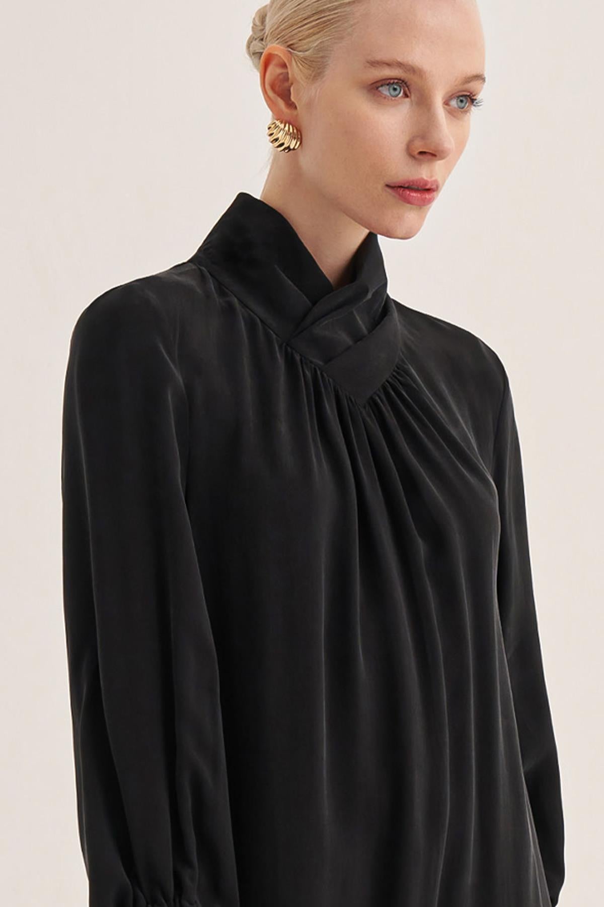 High Collar Pleated Cupro Dress