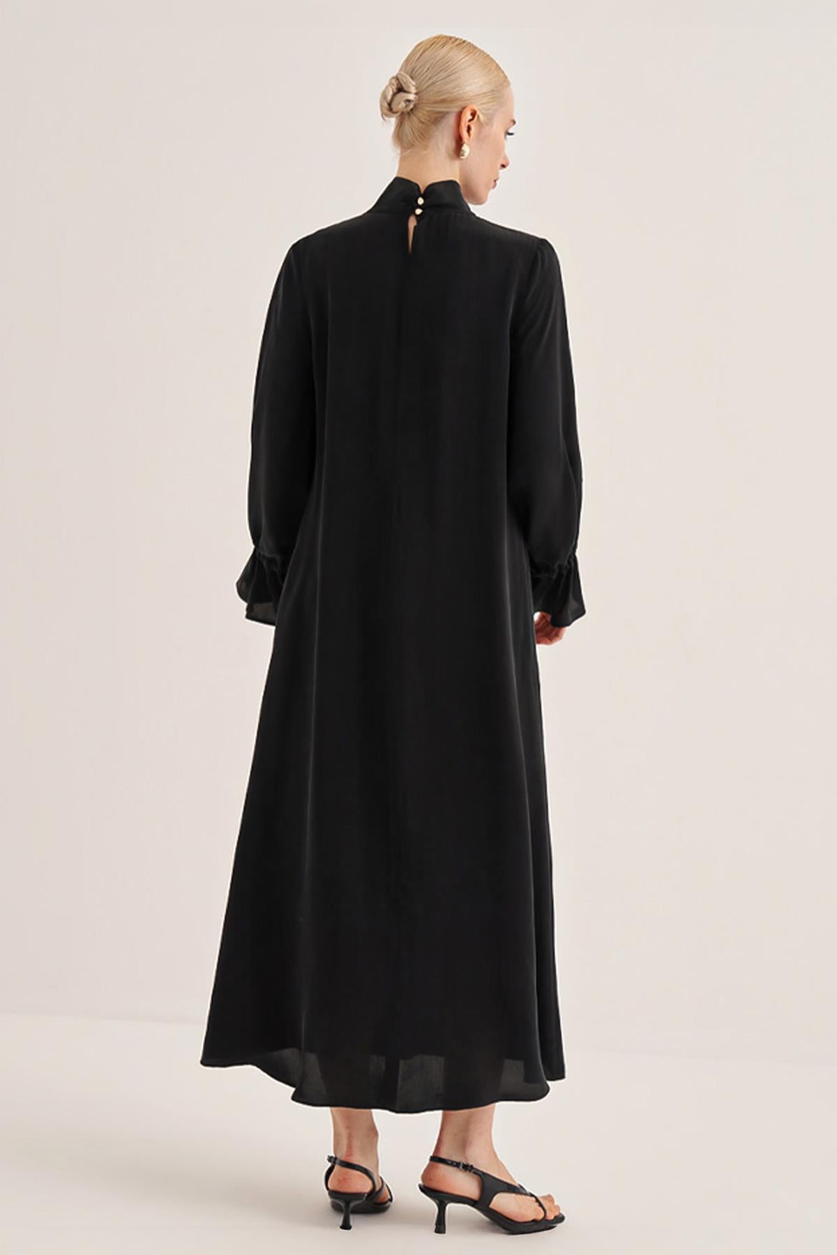 High Collar Pleated Cupro Dress