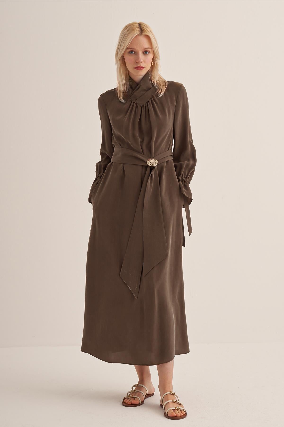 High Collar Pleated Cupro Dress