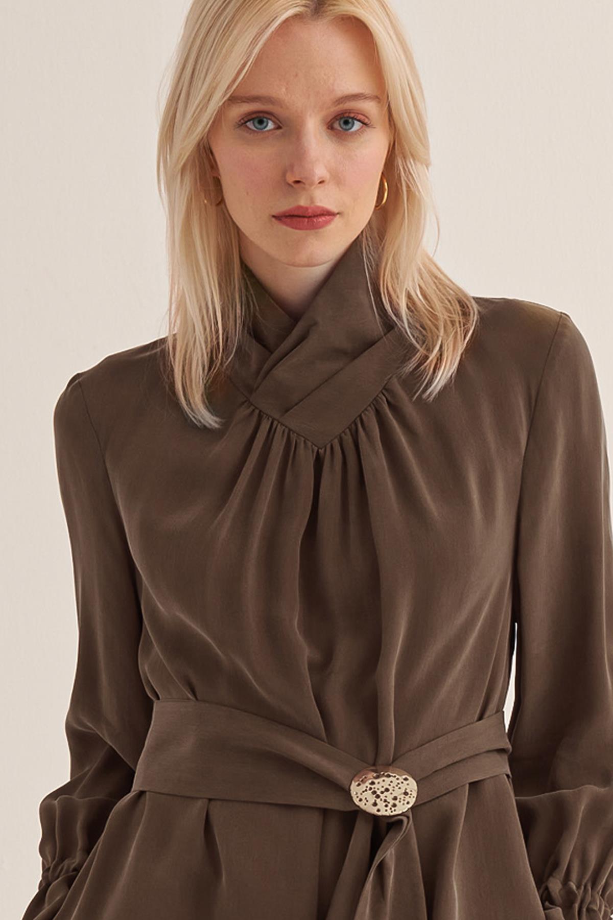 High Collar Pleated Cupro Dress