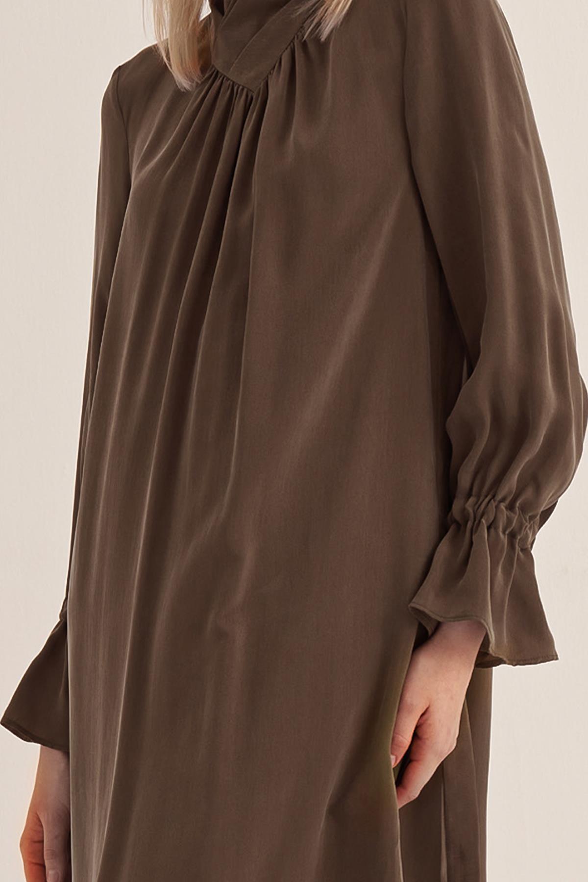 High Collar Pleated Cupro Dress