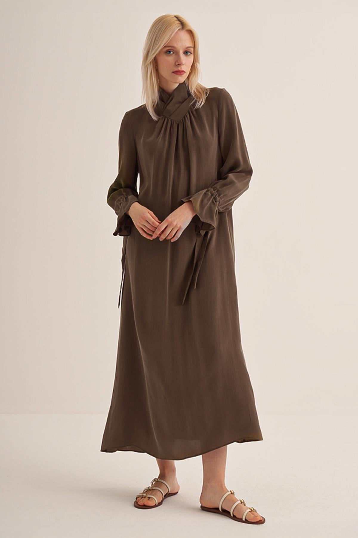 High Collar Pleated Cupro Dress